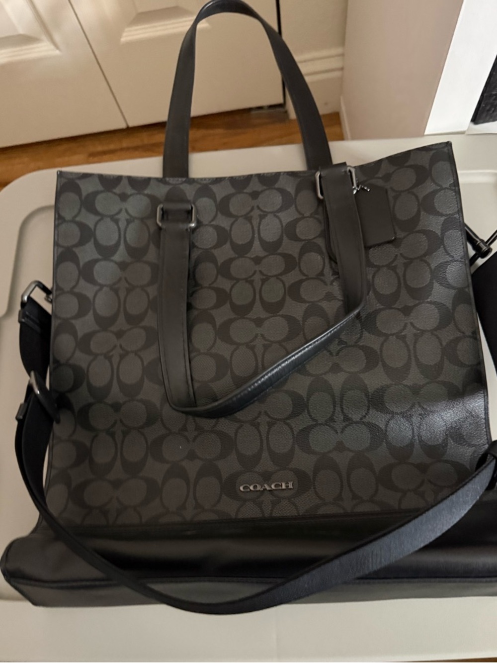 Coach Men’s Signature Canvas Messenger Tote in Charcoal and Black